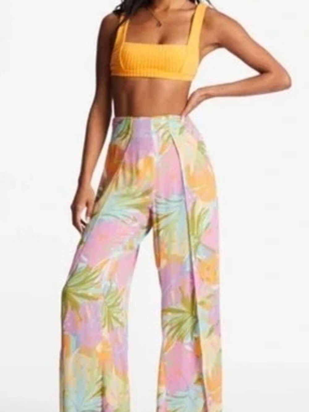 Billabong Pastel Tropical Wide-Leg Palazzo Pants - Pink, Yellow & Green